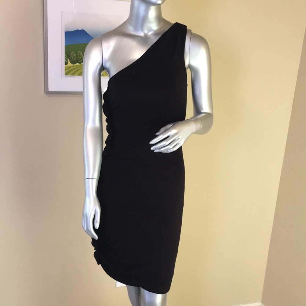One Shoulder Ruched / Shirred Ruffle Dress